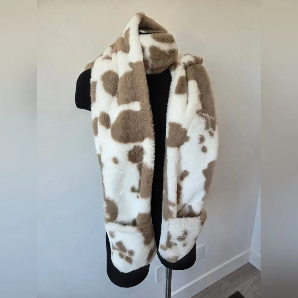 Ultra Soft Cow Print Hat Scarf Mitten Attached Furry Hood Ears Puppy Snow Bunny
